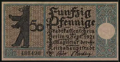 Notgeld Berlin 1921, 50 Pfennig, Jagdschloss Grunewald aus dem 16. Jahrhundert, Berliner Bär