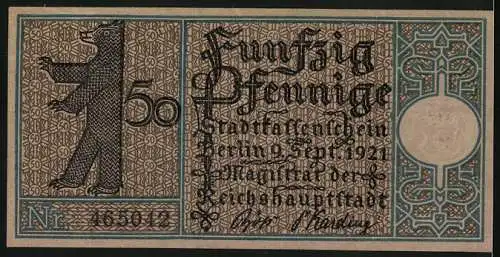 Notgeld Berlin 1921, 50 Pfennig, Spandau um 1800, Berliner Bär
