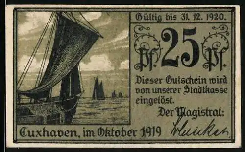 Notgeld Cuxhaven 1919, 25 Pfennig, Schloss Ritzebütte, Alte Liebe und Segelboote, Gutschein