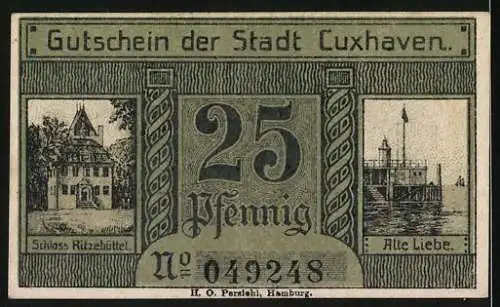 Notgeld Cuxhaven 1919, 25 Pfennig, Schloss Ritzebütte, Alte Liebe und Segelboote, Gutschein
