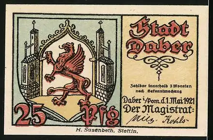 Notgeld Daber i. Pom. 1921, 25 Pfennig, Ruine in Daber, Wappen