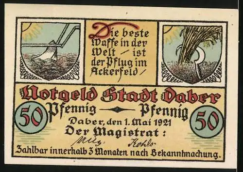 Notgeld Daber i. Pom. 1921, 50 Pfennig, Schaufel auf dem Kartoffelacker, Pflug und Sense