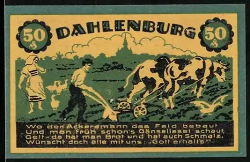 Notgeld Dahlenburg 1921, 50 Pfennig, Bauer bei der Feldarbeit