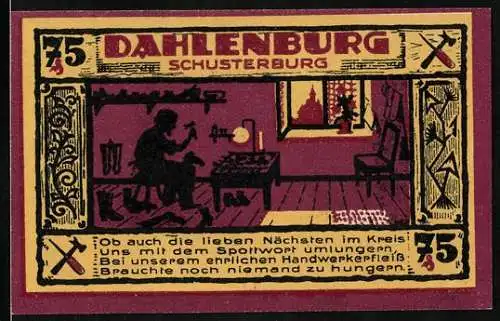 Notgeld Dahlenburg 1921, 75 Pfennig, Schuster in seiner Werkstatt