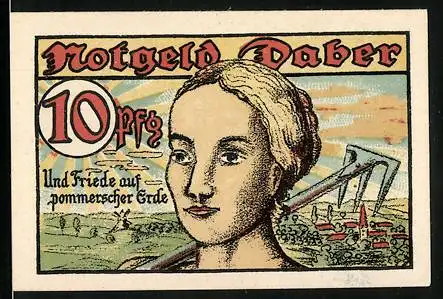 Notgeld Daber i. Pom. 1921, 10 Pfennig, Panorama und Frauenkopf, Wappen