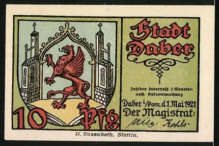 Notgeld Daber i. Pom. 1921, 10 Pfennig, Panorama und Frauenkopf, Wappen