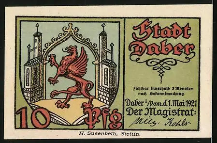 Notgeld Daber i. Pom. 1921, 10 Pfennig, Panorama und Frauenkopf, Wappen