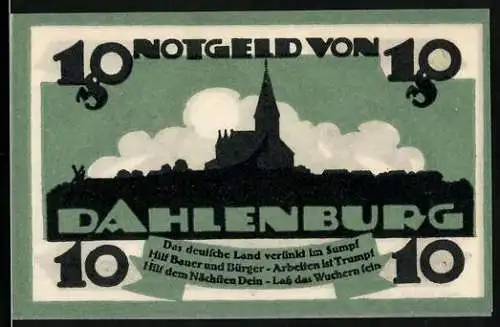 Notgeld Dahlenburg 1920, 10 Pfennig, Panorama mit Kirche