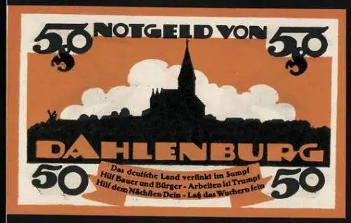 Notgeld Dahlenburg 1920, 50 Pfennig, Panorama mit Kirche