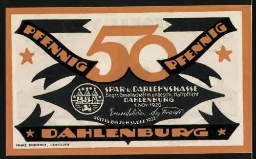 Notgeld Dahlenburg 1920, 50 Pfennig, Panorama mit Kirche