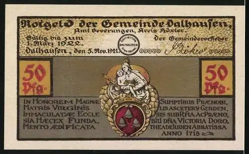 Notgeld Dalhausen 1921, 50 Pfennig, Korbmöbelindustrie Dalhausen, Wappen