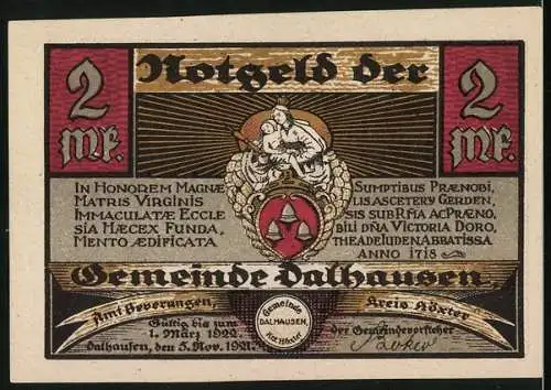 Notgeld Dalhausen i. Westf. 1921, 2 Mark, Ortsansicht