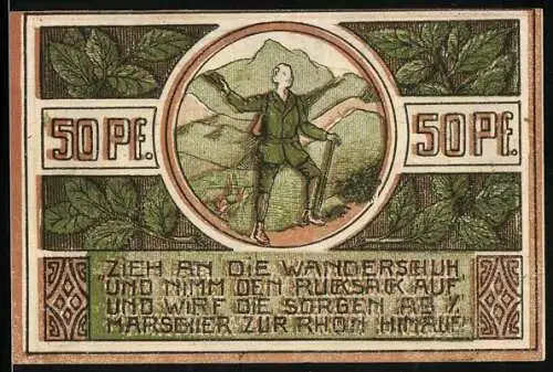 Notgeld Dermbach 1921, 50 Pfennig, Wanderer im Gebirge, Gutschein