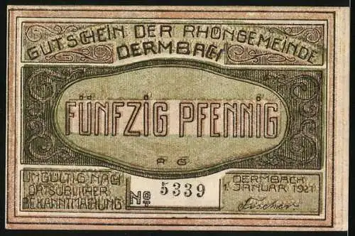 Notgeld Dermbach 1921, 50 Pfennig, Wanderer im Gebirge, Gutschein