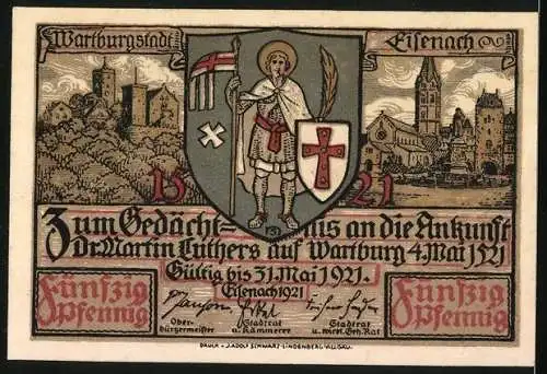 Notgeld Eisenach 1921, 50 Pfennig, Luthers Gefangennahme, Wartburg und Wappen