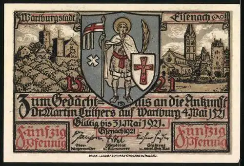 Notgeld Eisenach 1921, 50 Pfennig, Junger Jörg übersetzt das neue Testament, Wartburg und Wappen