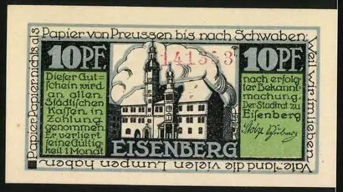 Notgeld Eisenberg i. Th., 10 Pfennig, Fabrikanlagen und Wappen, Gutschein