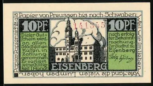 Notgeld Eisenberg i. Th., 10 Pfennig, Fabrikanlagen und Wappen, Gutschein