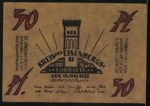 Notgeld Corbach 1921, 50 Pfennig, Edeldame mit Schwert und Stern, Aussichtsturm