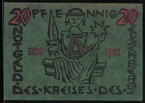 Notgeld Corbach 1921, 20 Pfennig, Edeldame mit Schwert und Stern, Aussichtsturm