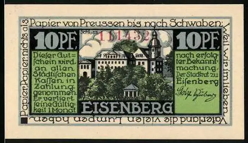 Notgeld Eisenberg i. Th., 10 Pfennig, Fabrikanlagen, Wappen und Schloss, Gutschein