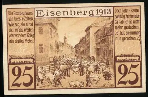 Notgeld Eisenberg i. Th. 1921, 25 Pfennig, Viehmarkt in der Stadt, Menschen in der Warteschlange, Gutschein