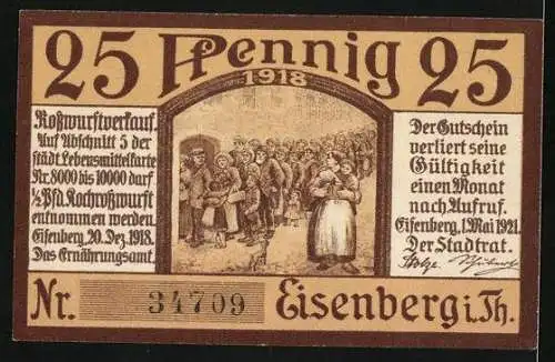 Notgeld Eisenberg i. Th. 1921, 25 Pfennig, Viehmarkt in der Stadt, Menschen in der Warteschlange, Gutschein