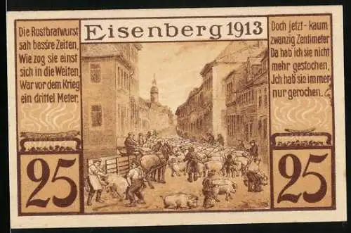 Notgeld Eisenberg i. Th. 1921, 25 Pfennig, Viehmarkt in der Stadt, Menschen in der Warteschlange, Gutschein