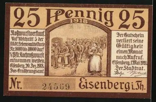 Notgeld Eisenberg i. Th. 1921, 25 Pfennig, Viehmarkt in der Stadt, Menschen in der Warteschlange, Gutschein