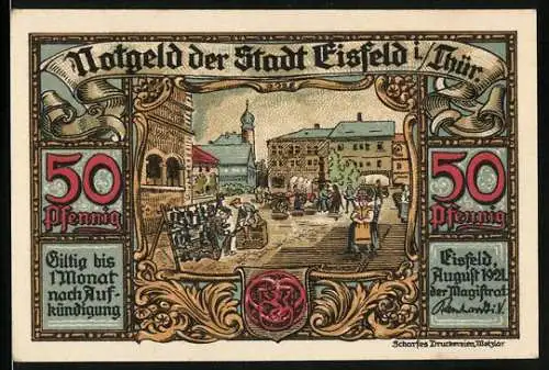 Notgeld Eisfeld i. Thür. 1921, 50 Pfennig, Markttag und Handwerker bei der Arbeit