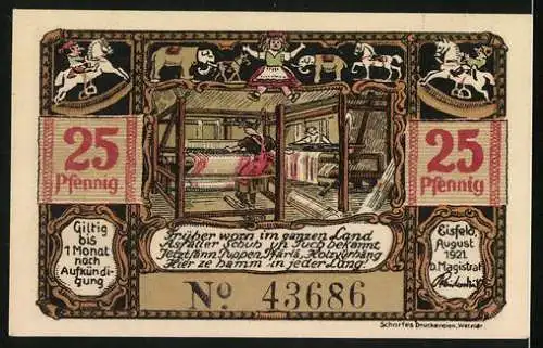 Notgeld Eisfeld 1921, 25 Pfennig, Brunnen und Arbeiter am Webstuhl