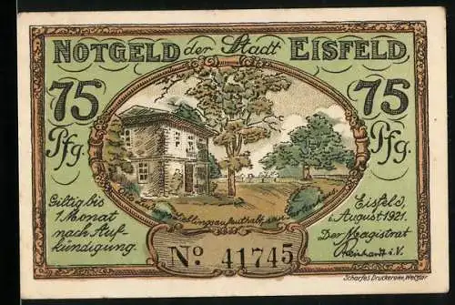 Notgeld Eisfeld 1921, 75 Pfennig, Bildnis Otto Ludwig und sein Gartenhaus