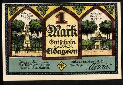 Notgeld Eldagsen 1921, 1 Mark Kriegerdenkmal 1866 und 1870-71, Gutschein