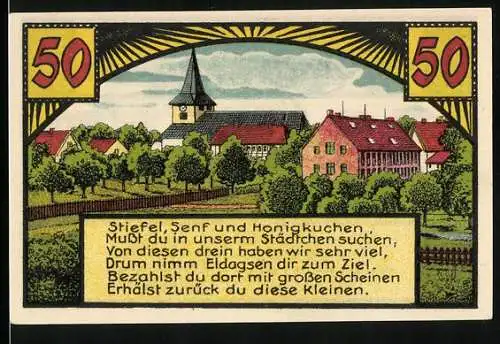 Notgeld Eldagsen 1921, 50 Pfennig, Ortsansicht mit Kirche, Wappen, Gutschein
