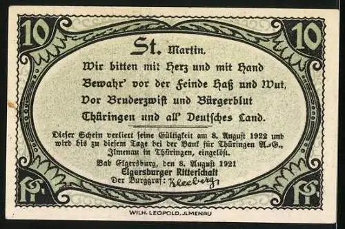 Notgeld Elgersburg 1921, 10 Pfennig, Schutzpatron St. Martinus