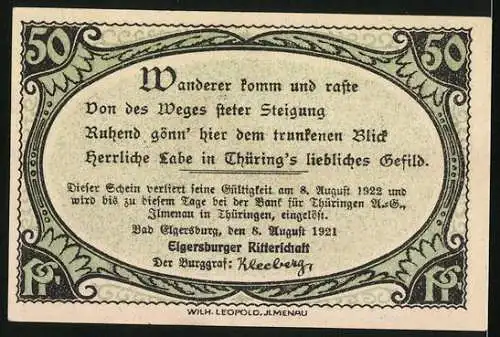 Notgeld Elgersburg 1921, 50 Pfennig, Carl Eduard-Warte