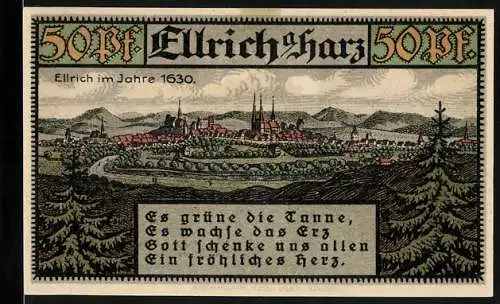 Notgeld Ellrich /Harz 1921, 50 Pfennig, Ellrich im Jahre 1630, Wappen, Gutschein