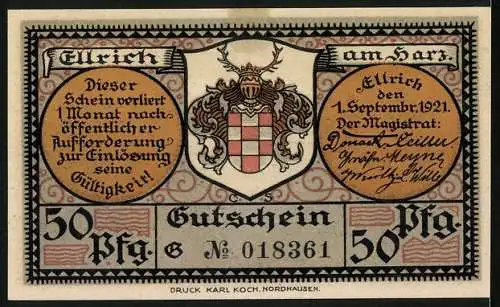 Notgeld Ellrich /Harz 1921, 50 Pfennig, Ellrich im Jahre 1630, Wappen, Gutschein