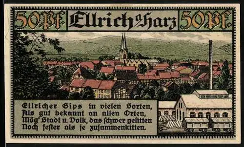 Notgeld Ellrich /Harz 1921, 50 Pfennig, Ortsansicht mit Kirche, Wappen, Gutschein