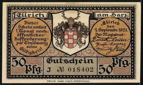 Notgeld Ellrich /Harz 1921, 50 Pfennig, Ortsansicht mit Kirche, Wappen, Gutschein