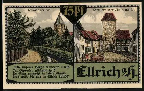Notgeld Ellrich /Harz 1921, 75 Pfennig, Ravenstur, Torturm am Salzmarkt, Wappen, Gutschein