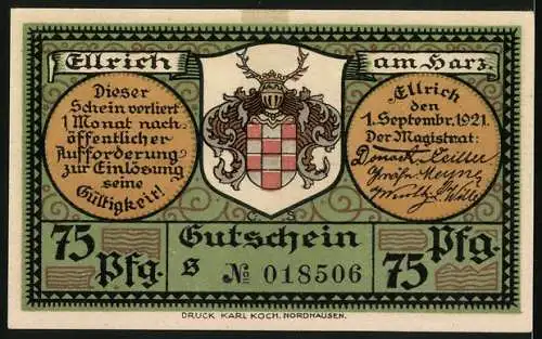 Notgeld Ellrich /Harz 1921, 75 Pfennig, Ravenstur, Torturm am Salzmarkt, Wappen, Gutschein