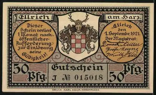 Notgeld Ellrich /Harz 1921, 50 Pfennig, Ortsansicht mit Kirche, Wappen, Gutschein