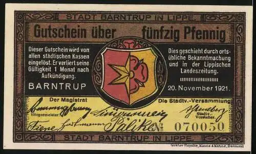 Notgeld Barntrup in Lippe 1921, 50 Pfennig, Altes Rathaus mit Kirche, Wappen, Gutschein