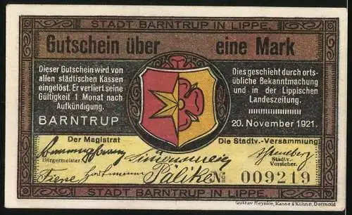 Notgeld Barntrup in Lippe 1921, 1 Mark, Panorama, Wappen, Gutschein