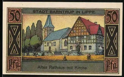 Notgeld Barntrup in Lippe 1921, 50 Pfennig, Altes Rathaus mit Kirche, Wappen, Gutschein