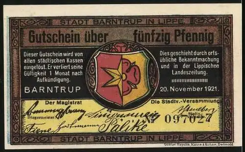 Notgeld Barntrup in Lippe 1921, 50 Pfennig, Altes Rathaus mit Kirche, Wappen, Gutschein