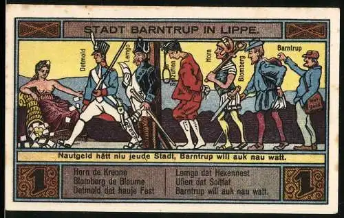 Notgeld Barntrup in Lippe 1921, 1 Mark, Männer aus Detmold, Lemgo, Horn und Barntrup, Wappen, Gutschein