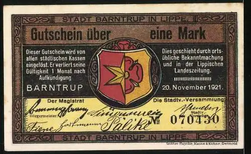 Notgeld Barntrup in Lippe 1921, 1 Mark, Männer aus Detmold, Lemgo, Horn und Barntrup, Wappen, Gutschein