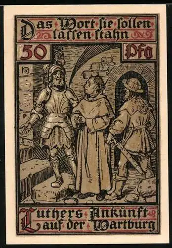 Notgeld Eisenach 1921, 50 Pfennig, Luthers Ankunft auf der Wartburg, Wartburg und Wappen